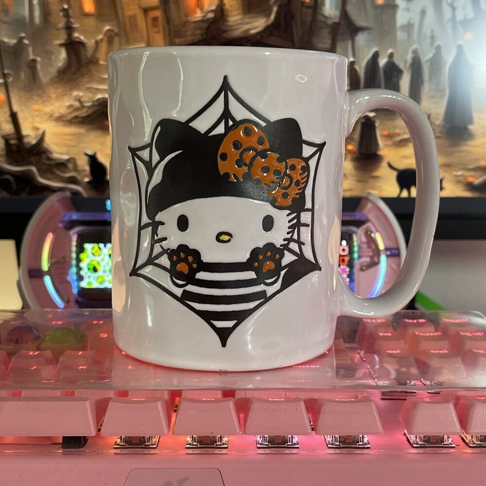 Hello Kitty Halloween Mug Bandit White Orange Black Cobweb 17oz 2024 Sanrio - Picture 7 of 8